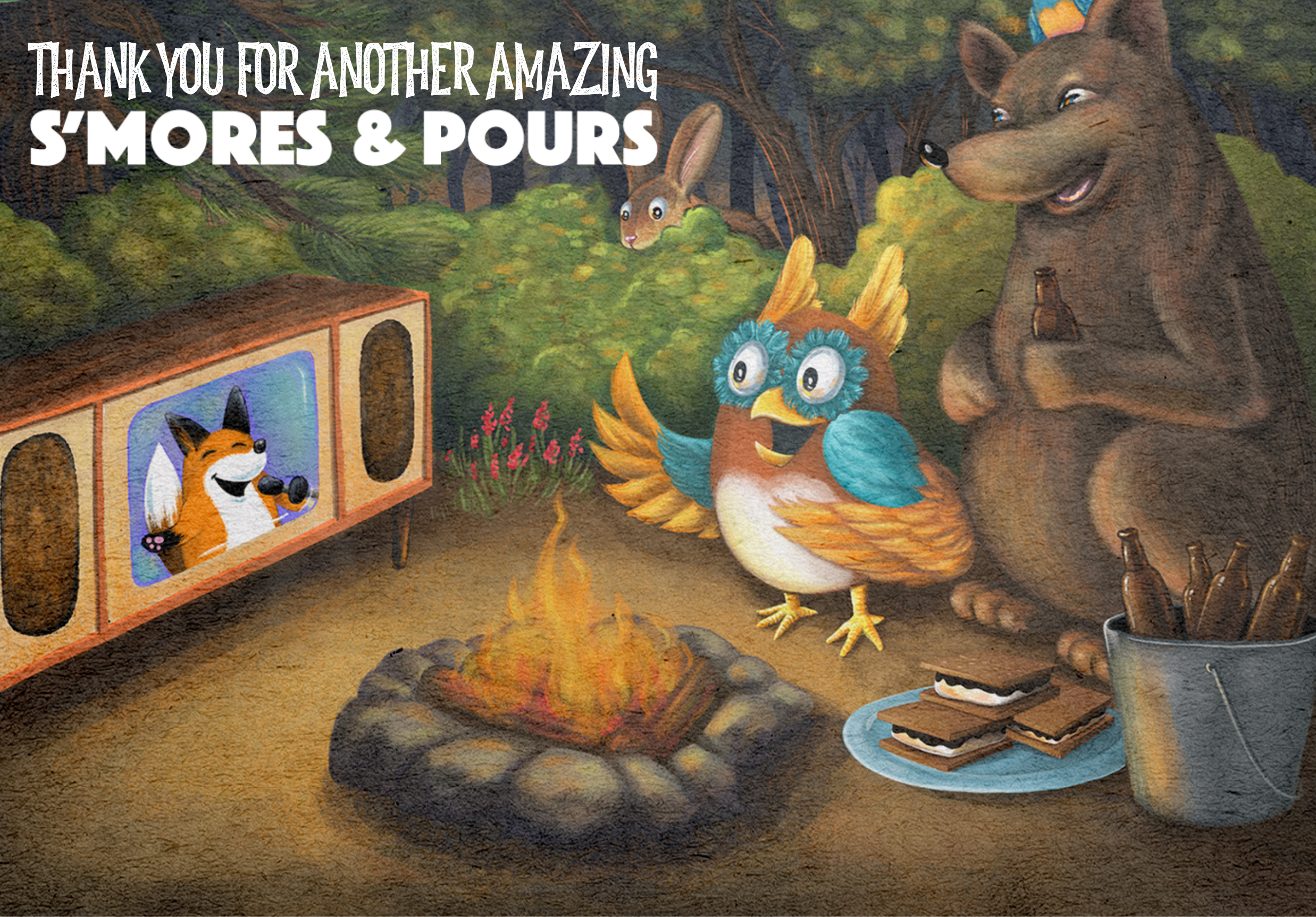 Cartoon animals watching a cartoon fox on a tv with a campfire and smores